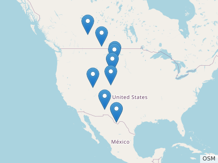 Locations where Torosaurus fossils were found.